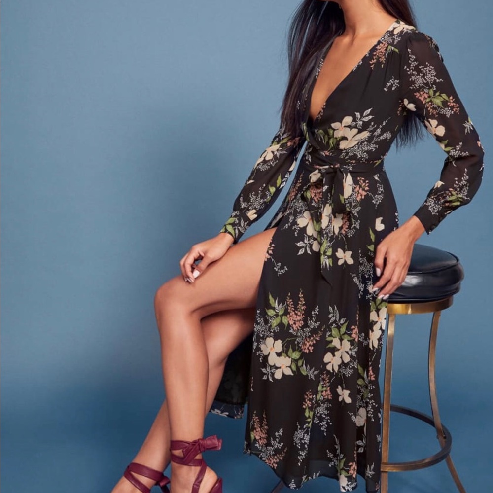 Reformation Susana Black Floral Midi Dress